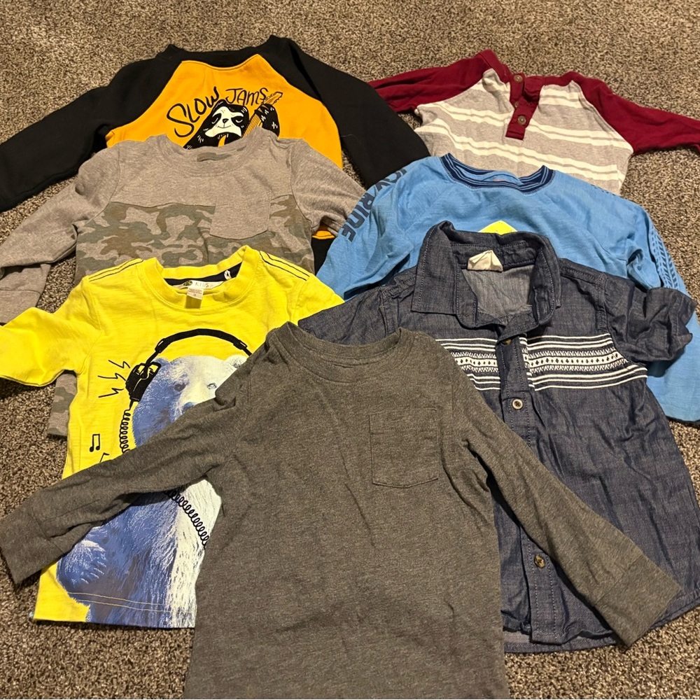 Boys 2T Clothing Bundle — 7 Shirts (6 Long Sleeve, 1 Short Sleeve)